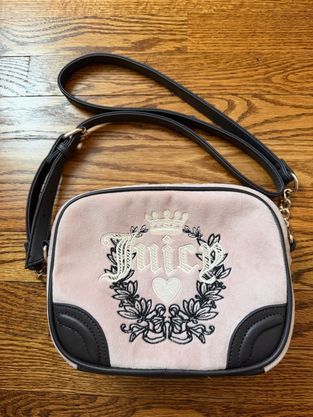 Juicy Couture Pink Suede Crossbody with Dark Brown Trim and Embroidered Crest